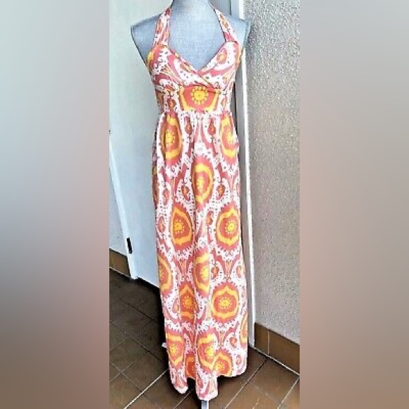 J. Crew Yellow Pink Halter Style Ikat Cotton Maxi Dress - Picture 6 of 15